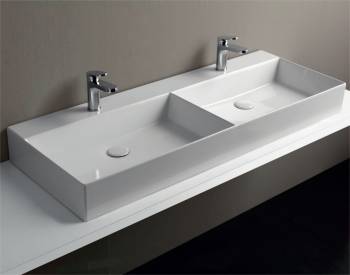 Lavabo Elegance sospeso/appoggio 122x45 due vasche e due fori in ceramica bianco lucido