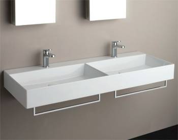 Lavabo Elegance sospeso/appoggio 142x45 due vasche e due fori in ceramica bianco lucido